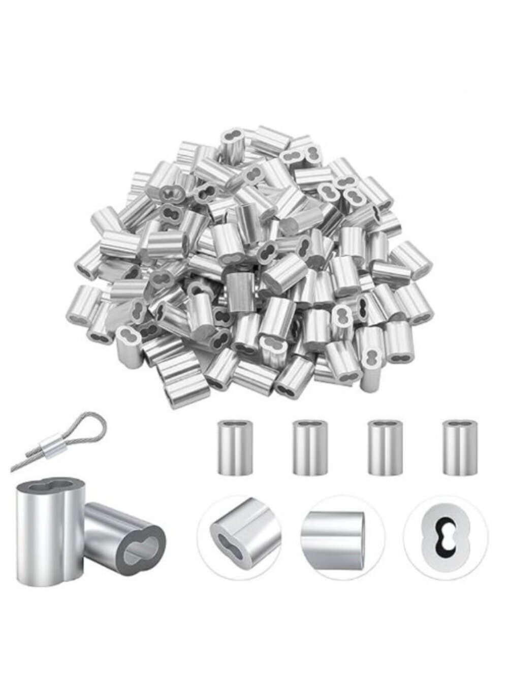 150Pcs 1/8" 3mm Aluminum Wire Crimping Loop Sleeves Double Barrel Cable Ferrules